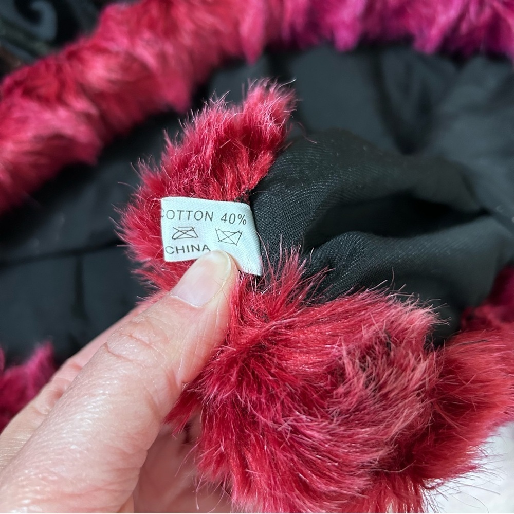 Vintage Black Burgundy Silk Blend Burnout Velvet Poncho Faux Fur Trim OS Flawed - Picture 9 of 16